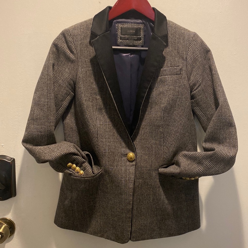 J. Crew Regent Schoolboy Wool Houndstooth Blazer w/ Satin Collar Detail US Sz 4